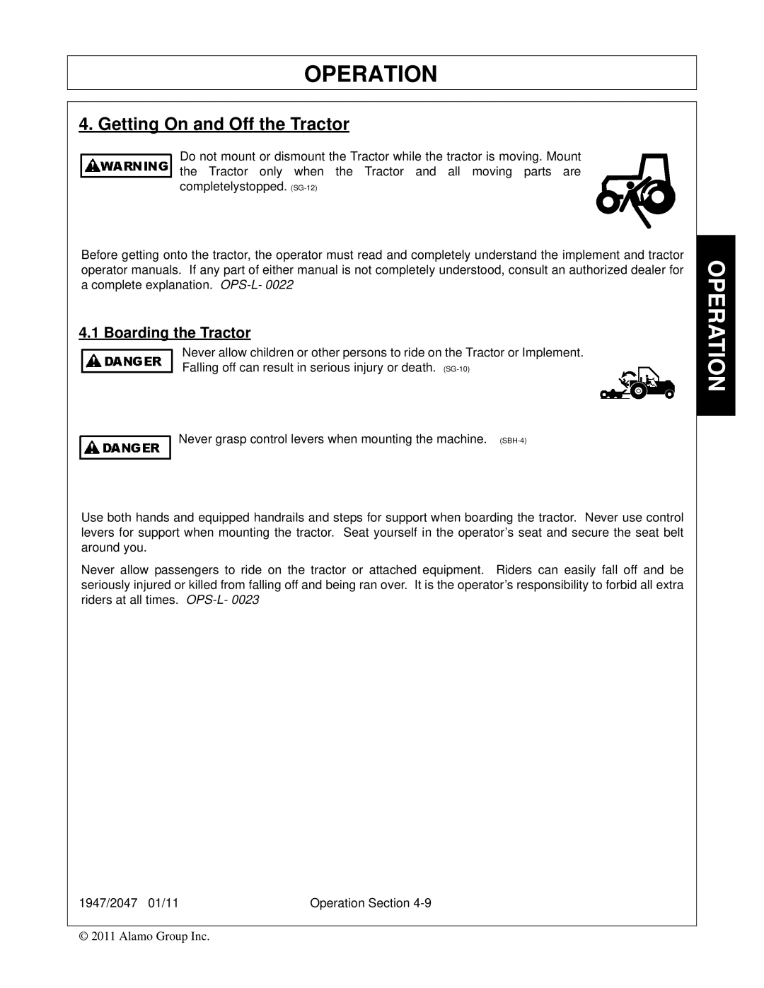 Bush Hog 2047, 1947 manual Getting On and Off the Tractor, Boarding the Tractor 