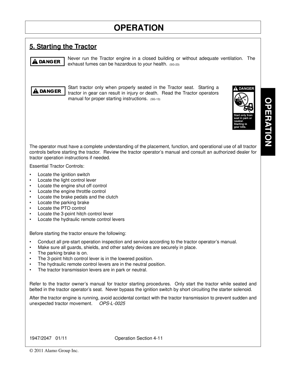 Bush Hog 2047, 1947 manual Starting the Tractor 