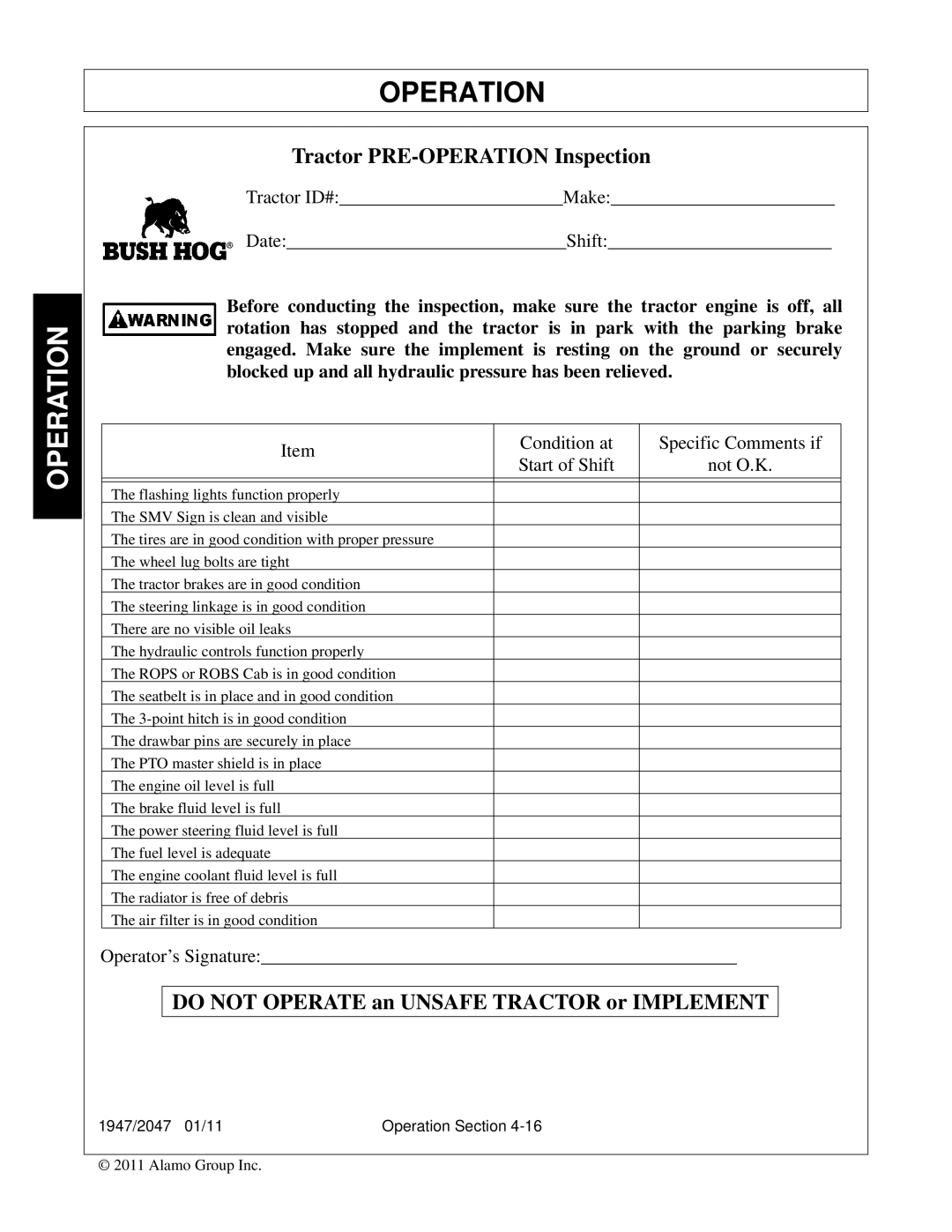 Bush Hog 1947, 2047 manual Do not Operate an Unsafe Tractor or Implement 