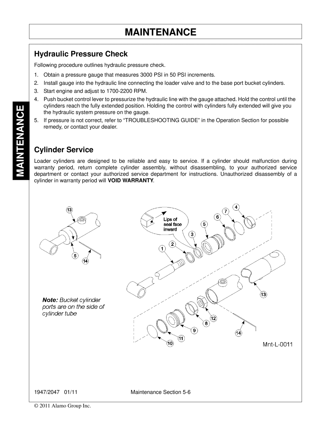 Bush Hog 1947, 2047 manual Hydraulic Pressure Check, Cylinder Service 