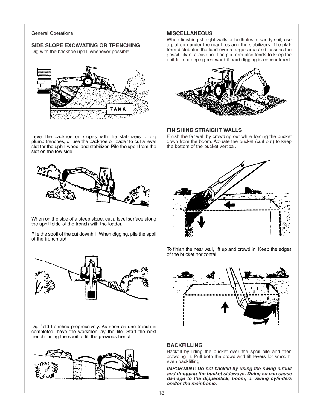 Bush Hog 2165 manual Side Slope Excavating or Trenching, Miscellaneous, Finishing Straight Walls, Backfilling 