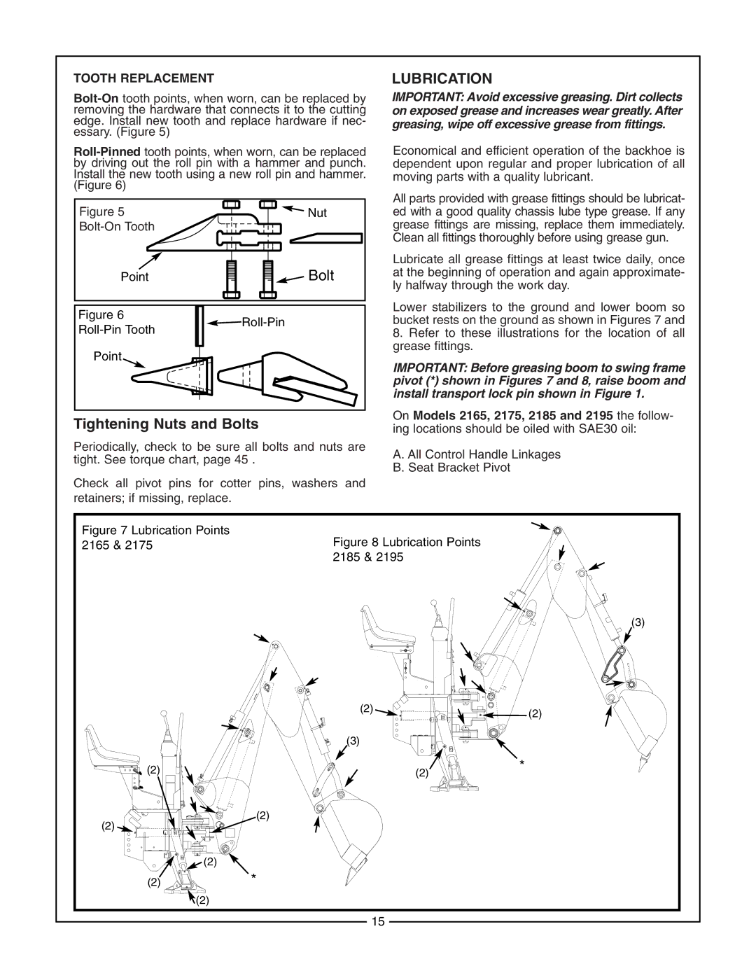 Bush Hog Lubrication, Tightening Nuts and Bolts, Tooth Replacement, On Models 2165, 2175, 2185 and 2195 the follow 