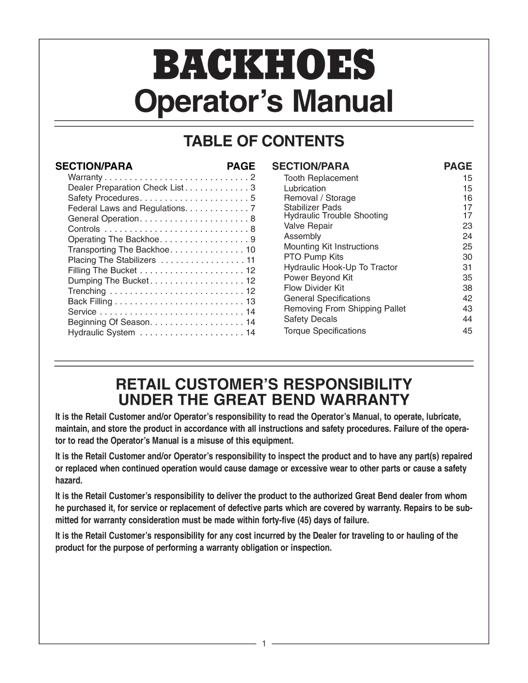 Bush Hog 2165 manual Backhoes, Table of Contents 