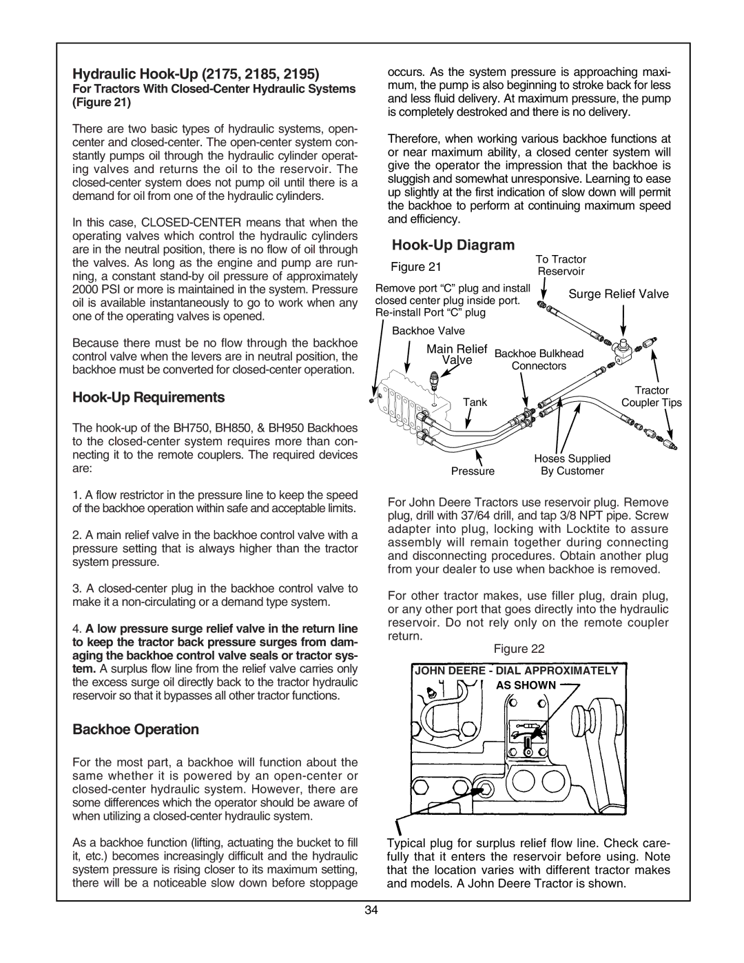 Bush Hog 2165 manual Hydraulic Hook-Up 2175, 2185, Hook-Up Requirements, Backhoe Operation, Hook-Up Diagram 