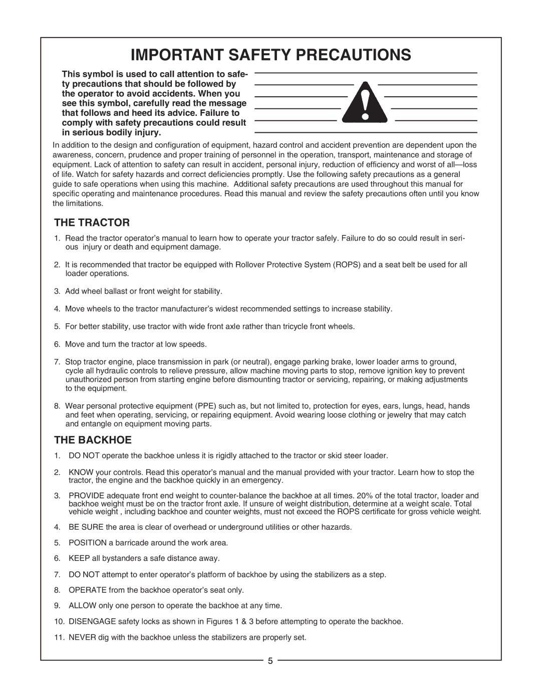 Bush Hog 2165 manual Important Safety Precautions, Tractor, Backhoe 