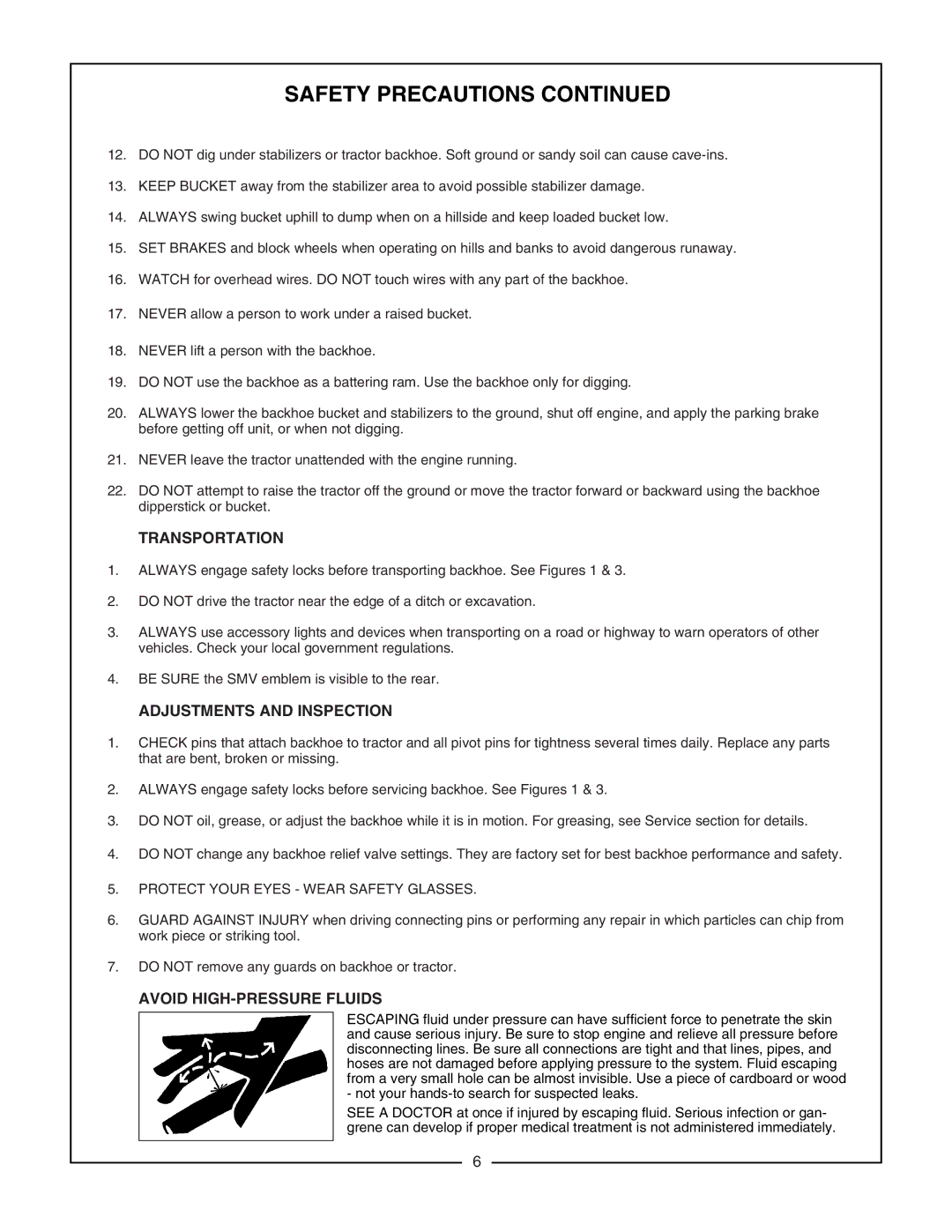 Bush Hog 2165 manual Transportation, Adjustments and Inspection, Avoid HIGH-PRESSURE Fluids 