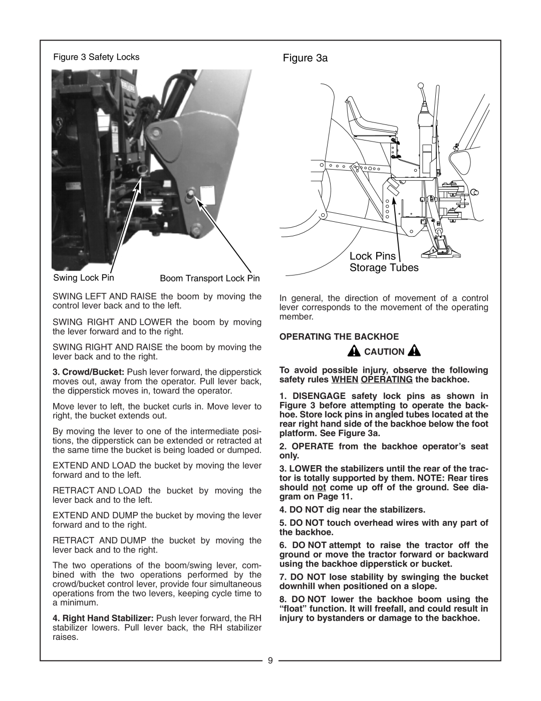 Bush Hog 2165 manual a Lock Pins Storage Tubes, Operating The Backhoe, OPERATE from the backhoe operator’s seat only 