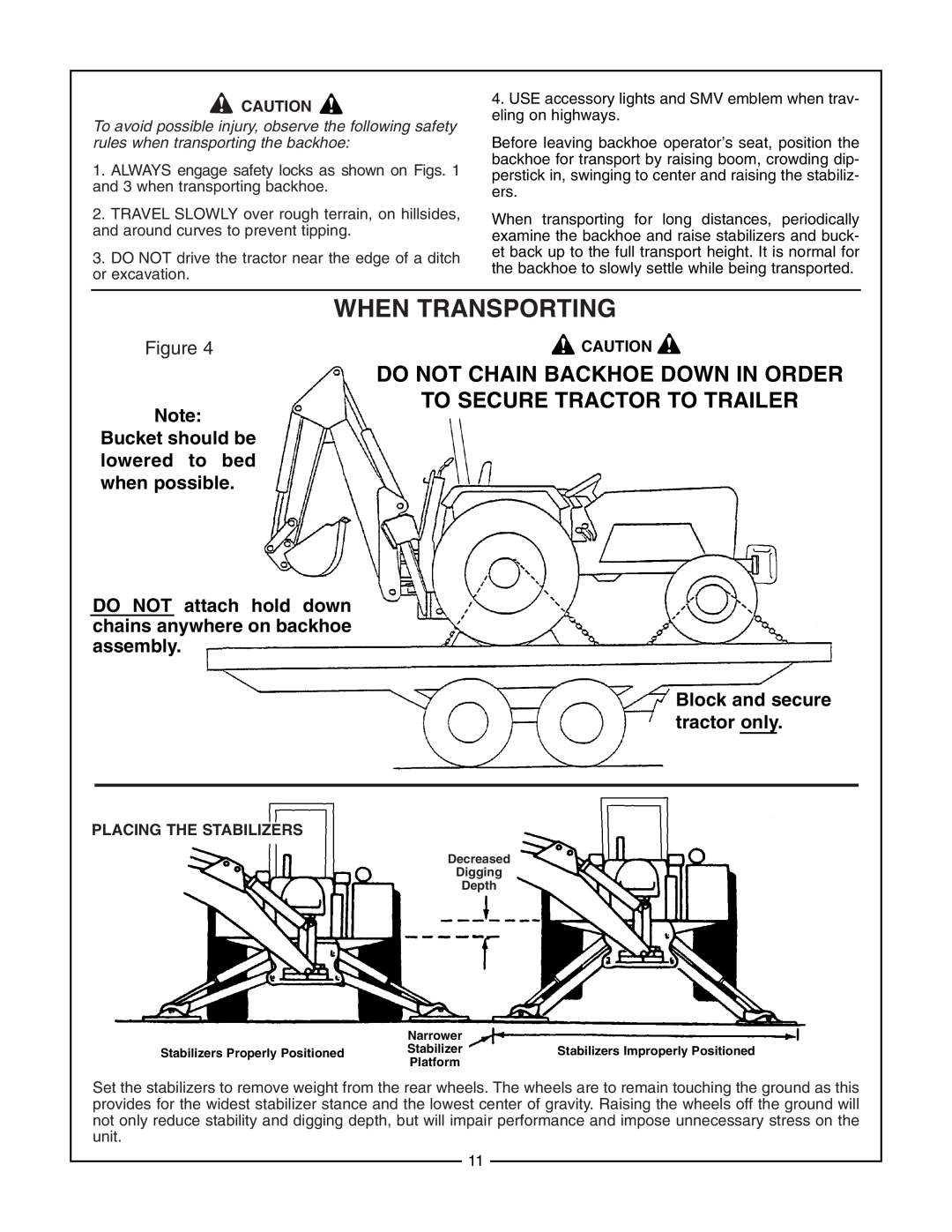 Bush Hog 2165 When Transporting, Do Not Chain Backhoe Down In Order To Secure Tractor To Trailer, Placing The Stabilizers 