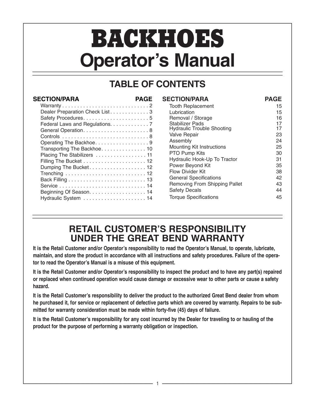 Bush Hog 2165 manual Table Of Contents, Retail Customer’S Responsibility Under The Great Bend Warranty, Section/Para, Page 