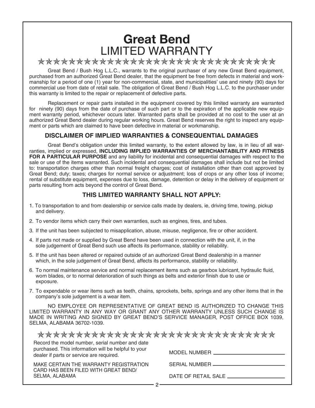 Bush Hog 2165 Disclaimer Of Implied Warranties & Consequential Damages, This Limited Warranty Shall Not Apply, Great Bend 