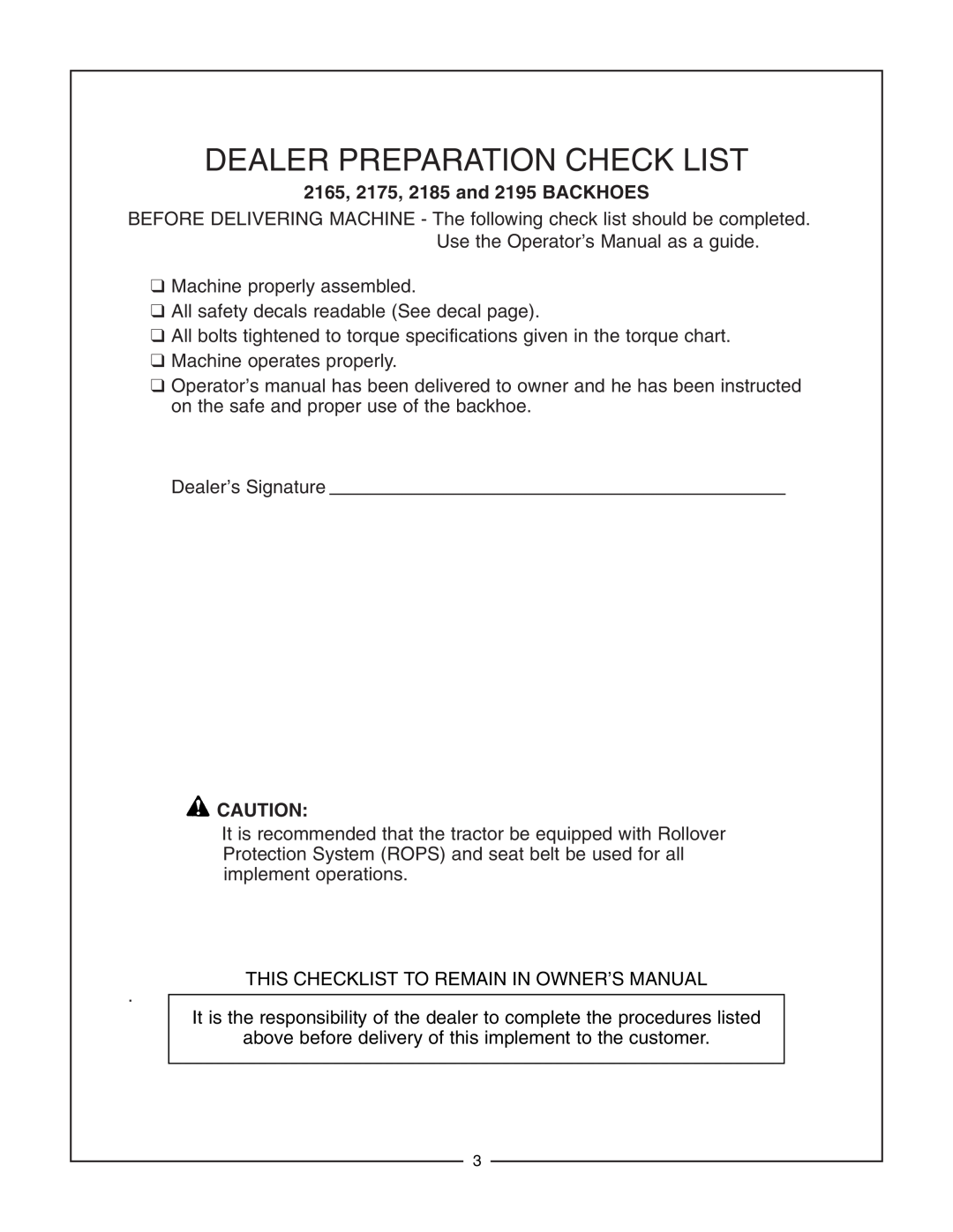 Bush Hog manual 2165, 2175, 2185 and 2195 BACKHOES, Dealer Preparation Check List 