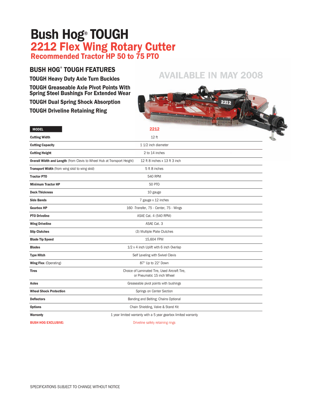 Bush Hog 2212 specifications Bush Hog Tough, Flex Wing Rotary Cutter, Available in May 