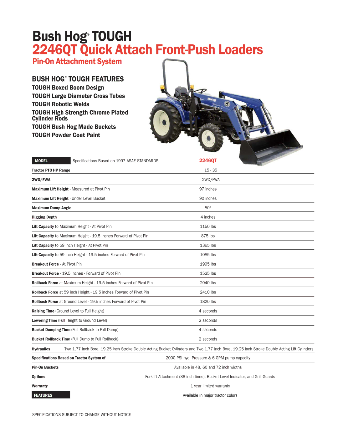 Bush Hog specifications 2246QT Quick Attach Front-Push Loaders, Pin-On Attachment System, Bush Hog Tough Features 