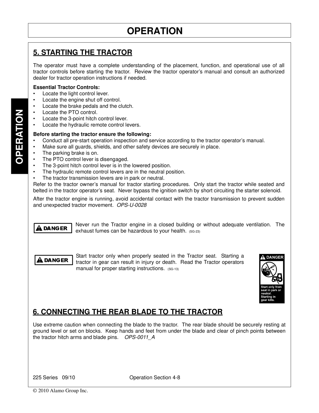 Bush Hog 225 manual Starting the Tractor, Connecting the Rear Blade to the Tractor 