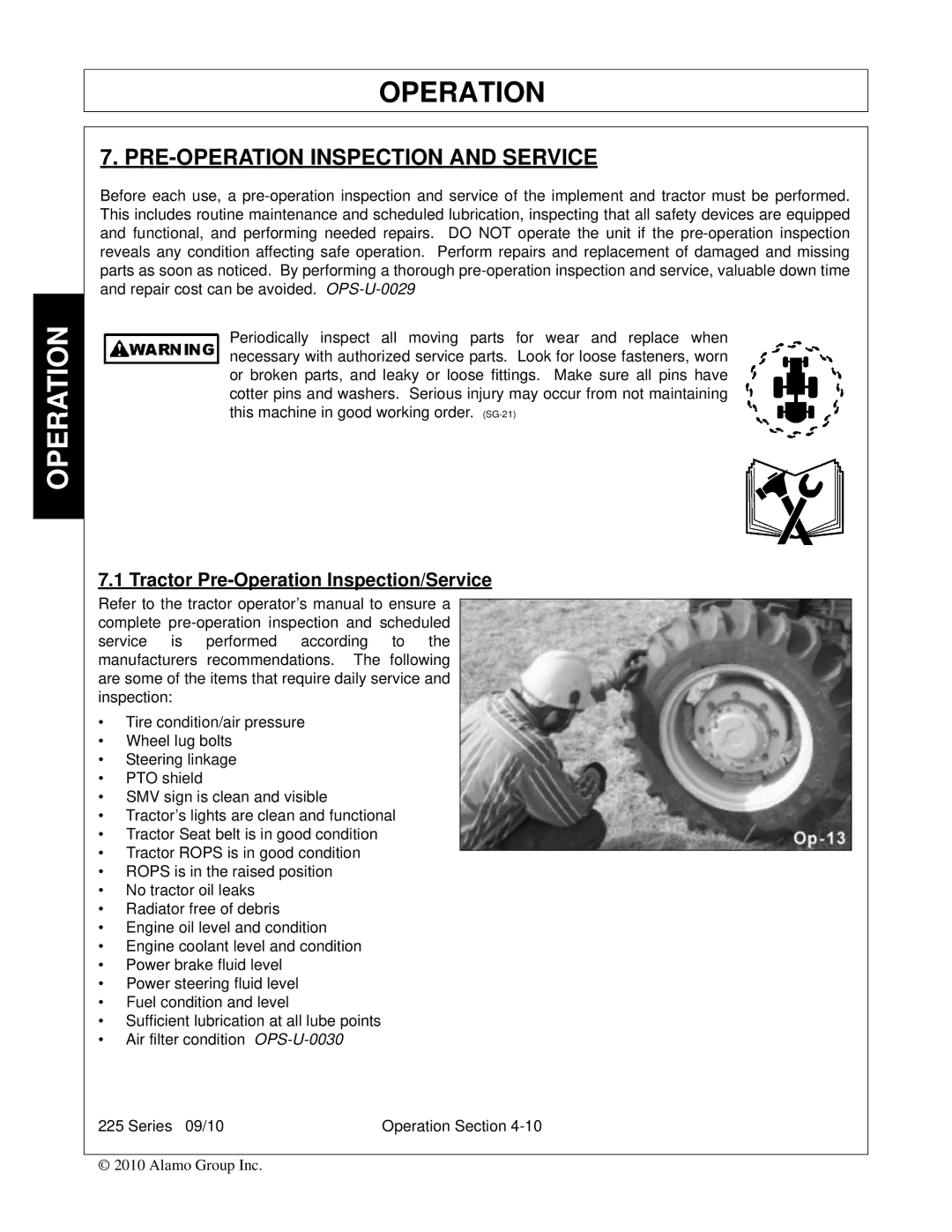 Bush Hog 225 manual PRE-OPERATION Inspection and Service, Tractor Pre-Operation Inspection/Service 