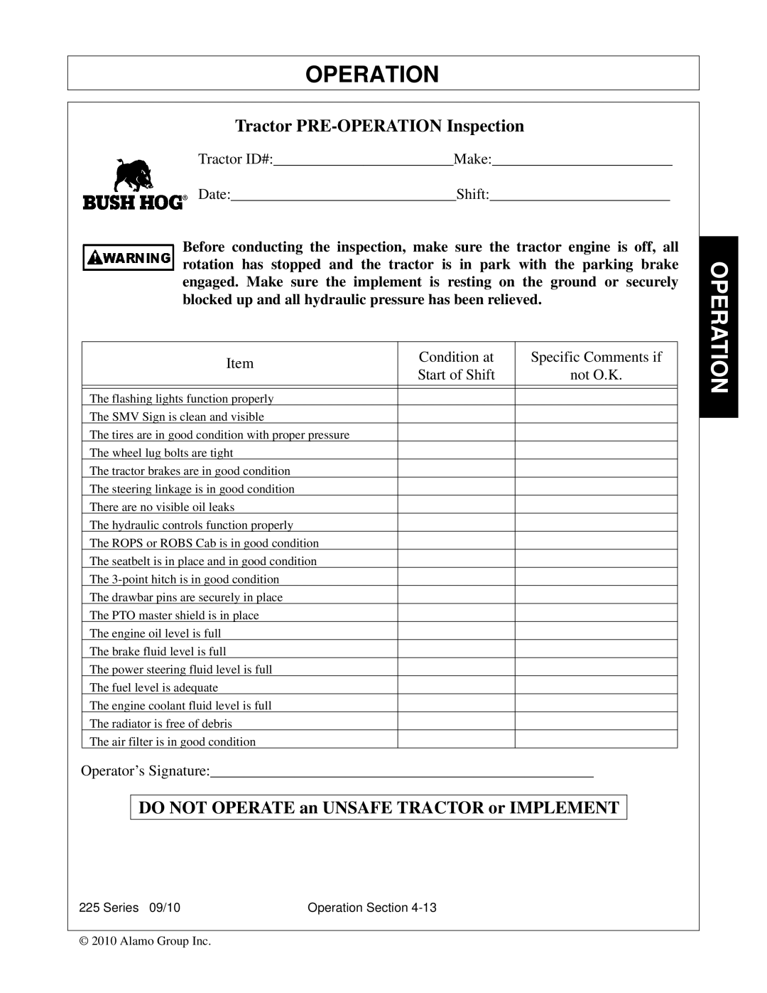 Bush Hog 225 manual Tractor PRE-OPERATION Inspection 