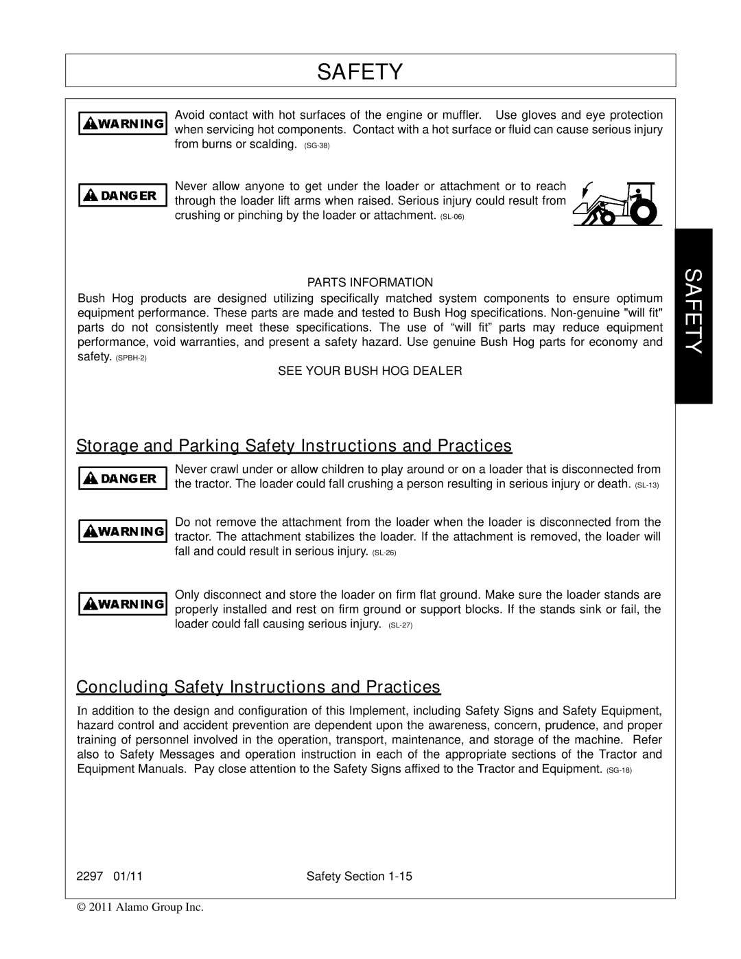 Bush Hog 2297 manual Storage and Parking Safety Instructions and Practices, Concluding Safety Instructions and Practices 