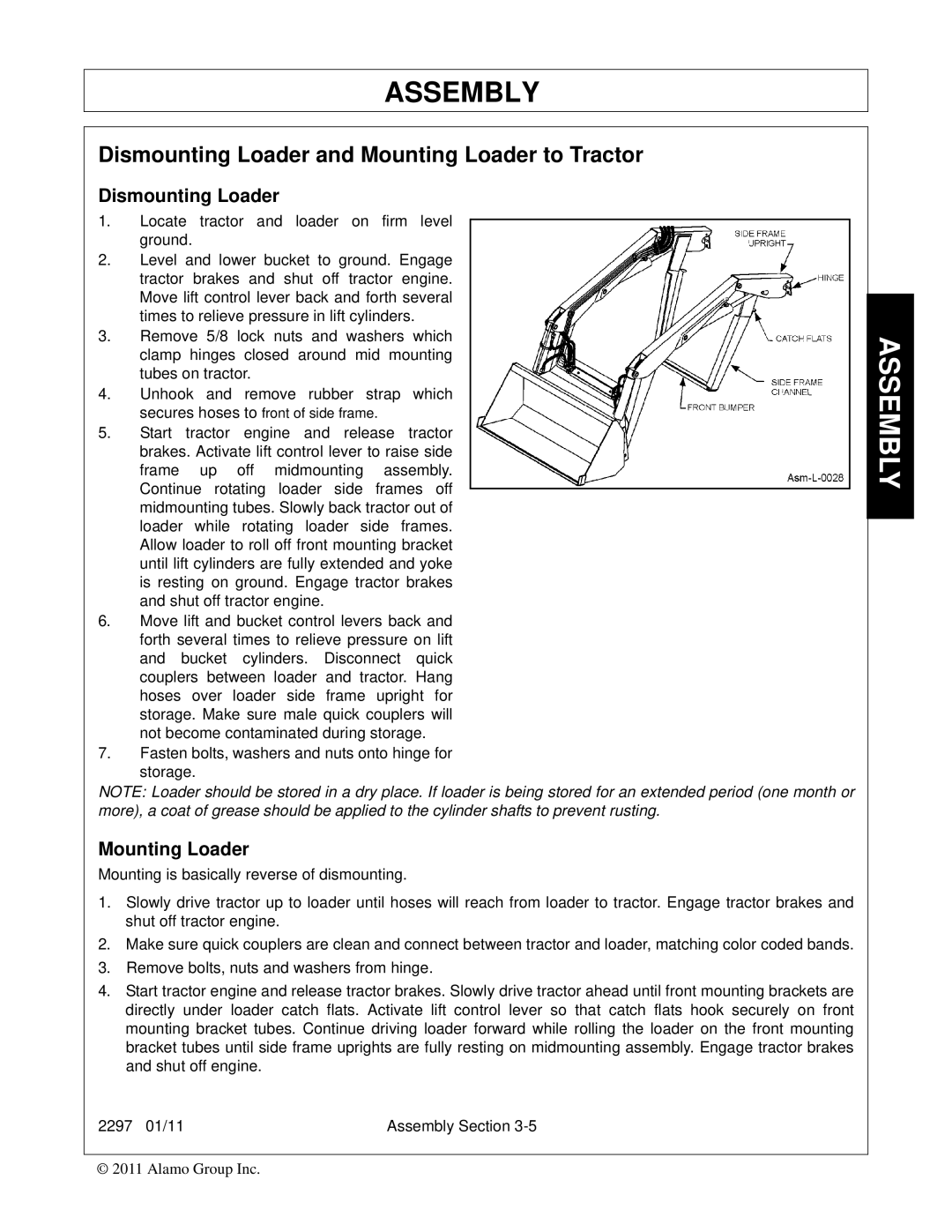 Bush Hog 2297 manual Dismounting Loader, Mounting Loader 