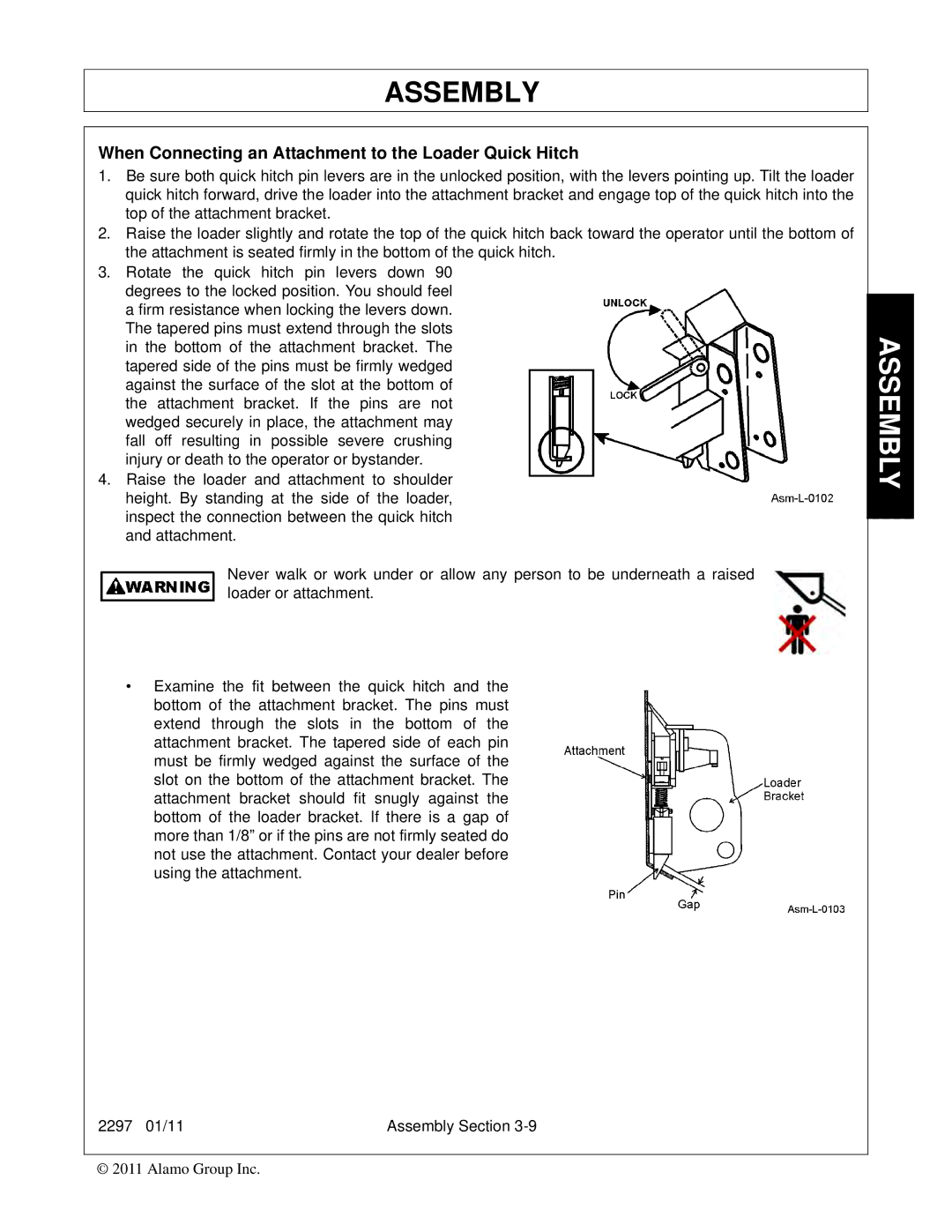 Bush Hog 2297 manual When Connecting an Attachment to the Loader Quick Hitch 