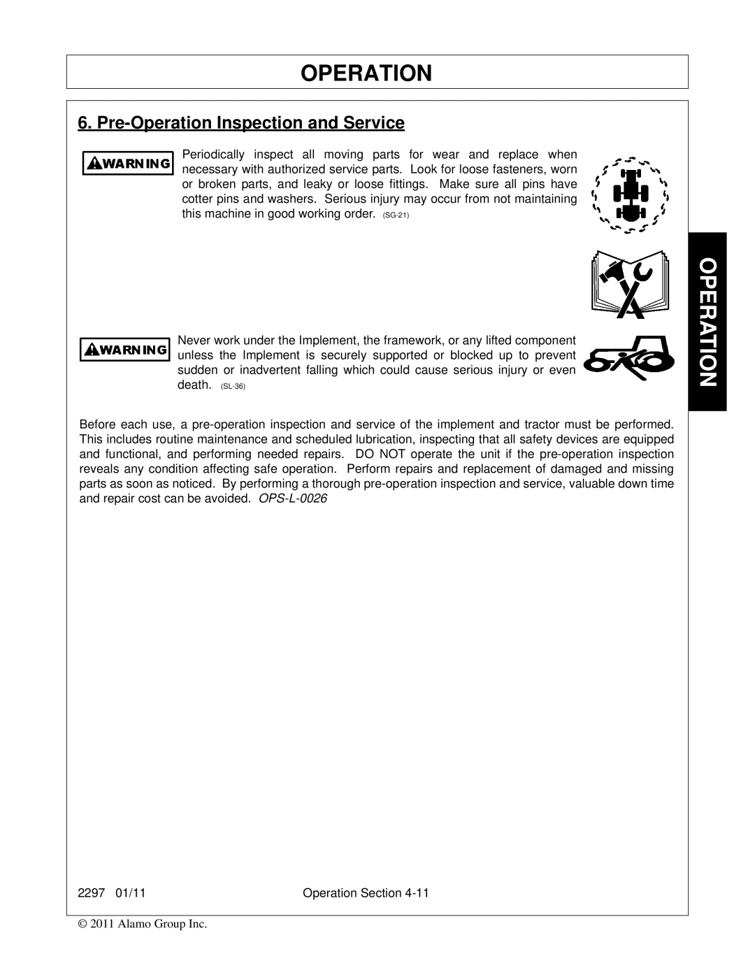 Bush Hog 2297 manual Pre-Operation Inspection and Service 