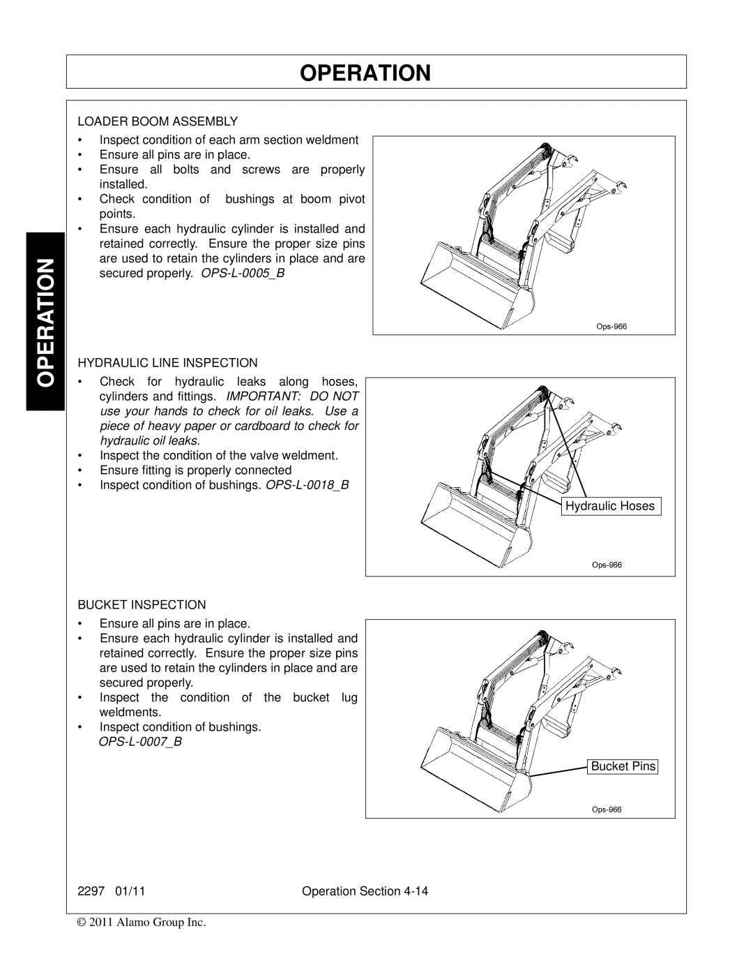 Bush Hog 2297 manual Loader Boom Assembly, Hydraulic Line Inspection, Bucket Inspection 