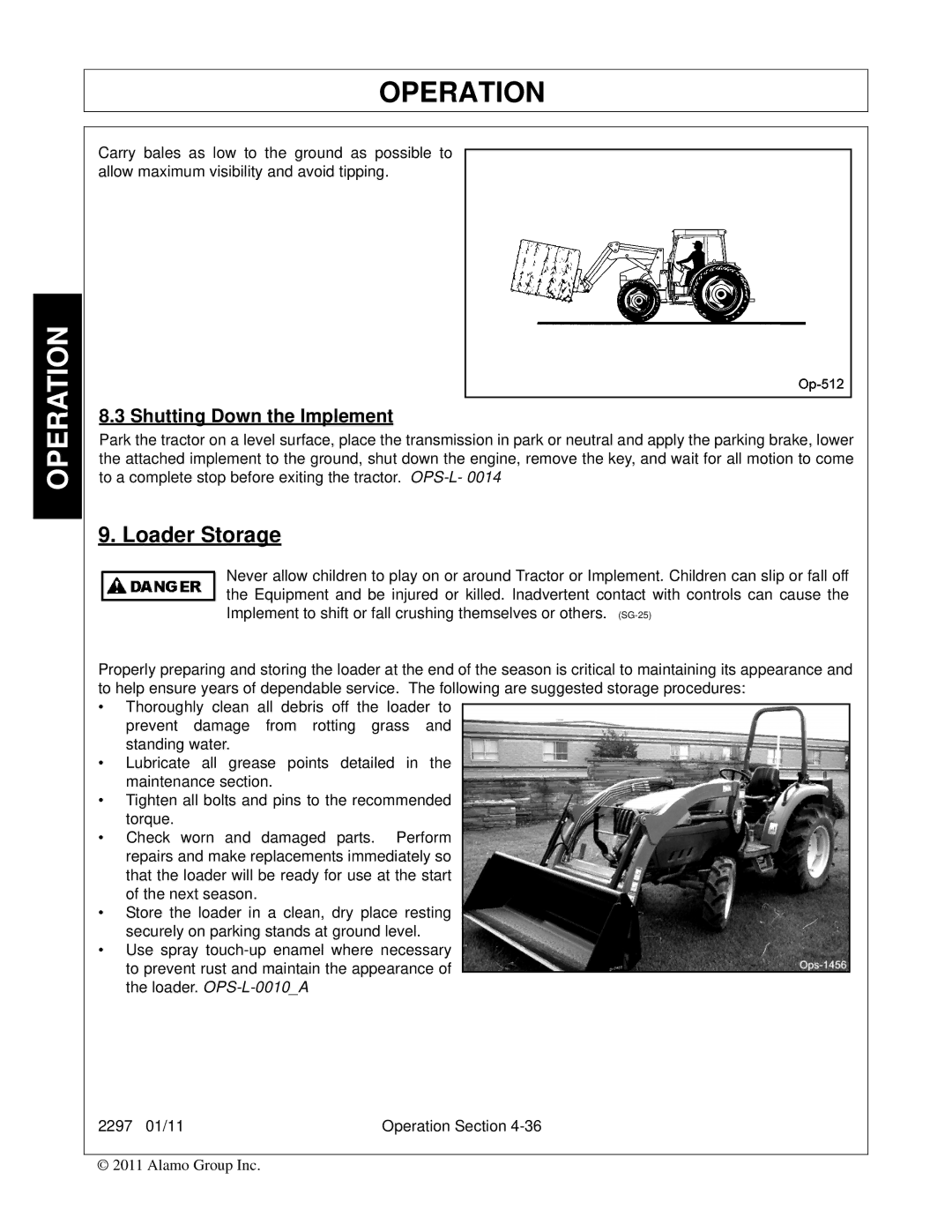 Bush Hog 2297 manual Loader Storage, Shutting Down the Implement 