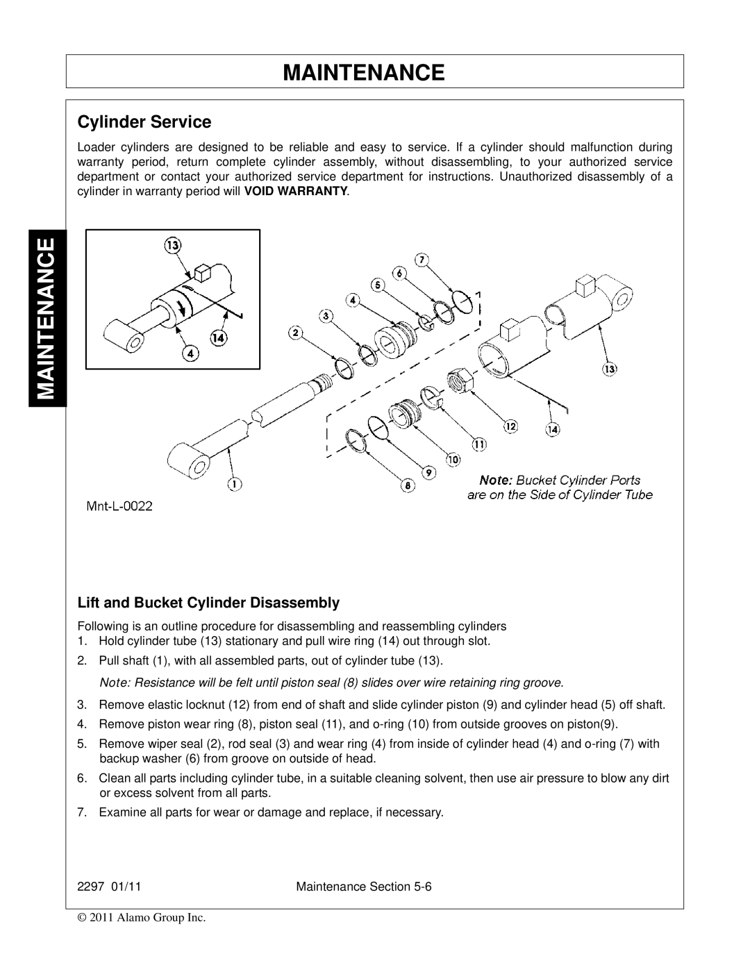 Bush Hog 2297 manual Cylinder Service, Lift and Bucket Cylinder Disassembly 