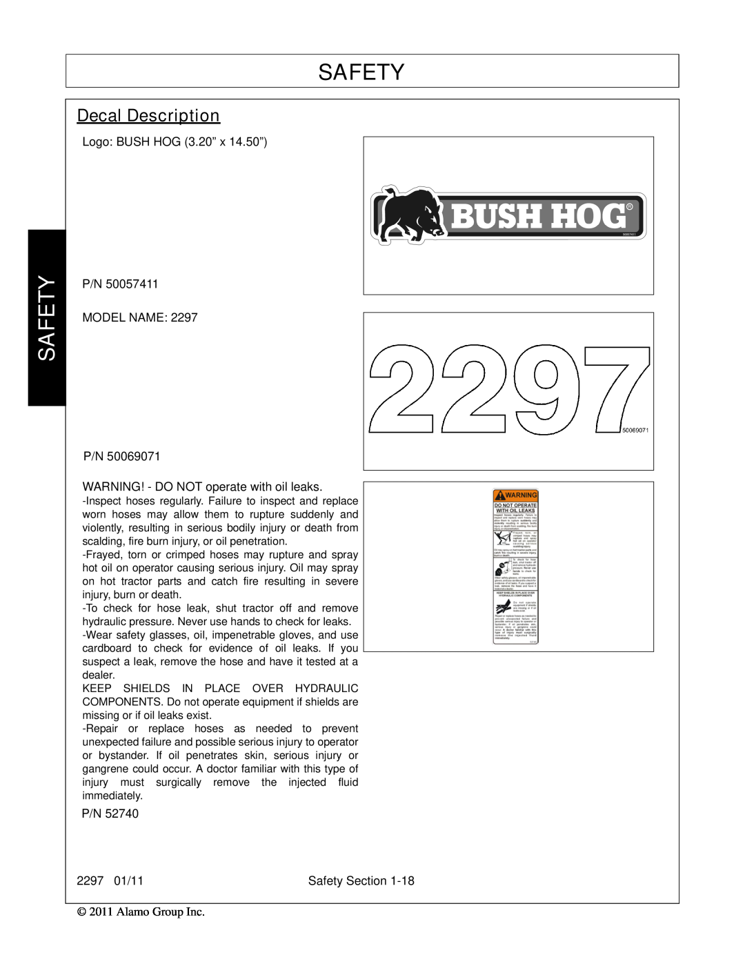 Bush Hog 2297 manual Safety, Decal Description 