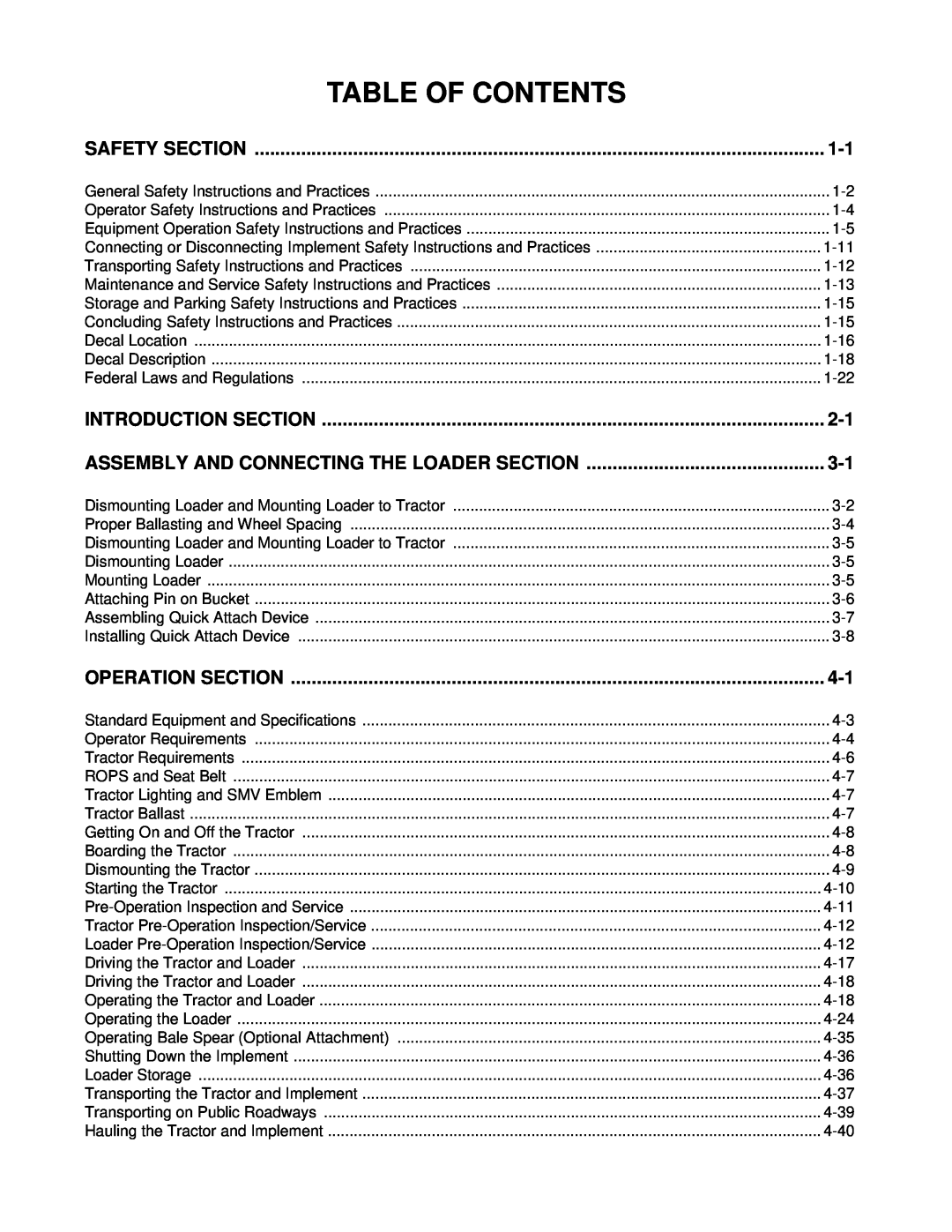 Bush Hog 2297 manual Table Of Contents, Safety Section, Introduction Section, Assembly And Connecting The Loader Section 