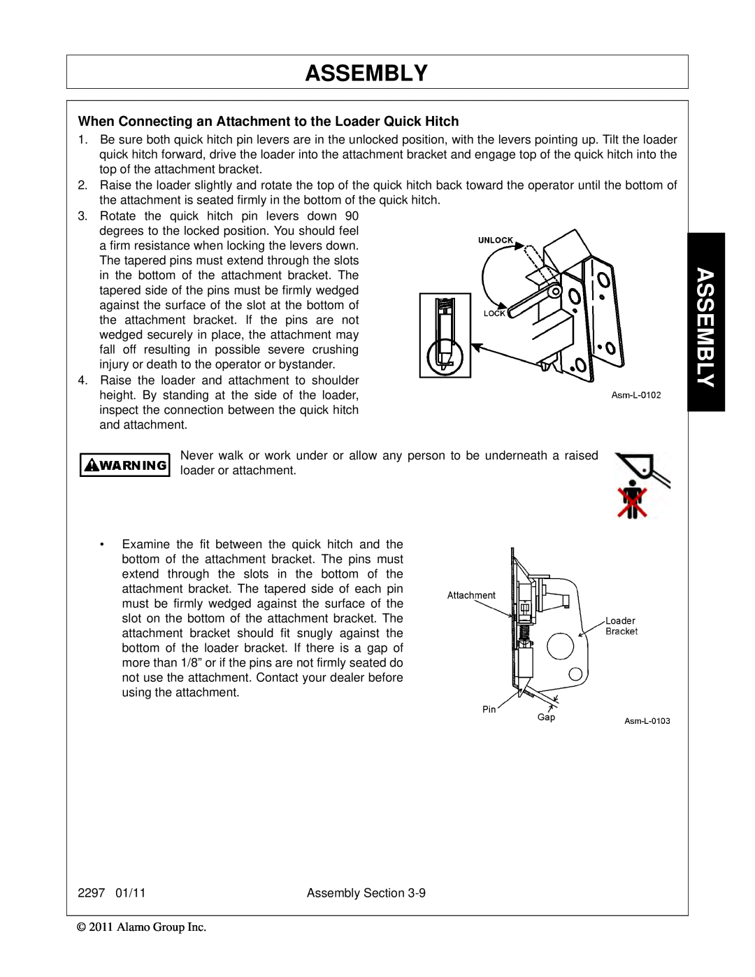 Bush Hog 2297 manual Assembly, When Connecting an Attachment to the Loader Quick Hitch 