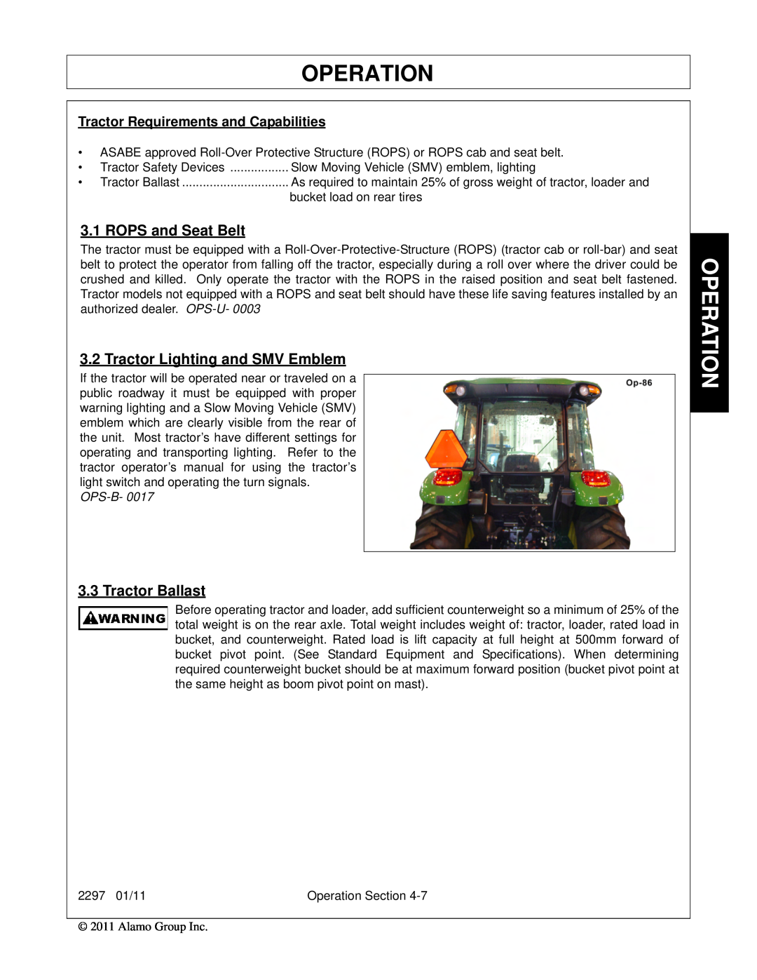 Bush Hog 2297 manual Operation, ROPS and Seat Belt, Tractor Lighting and SMV Emblem, Tractor Ballast, Ops-B 