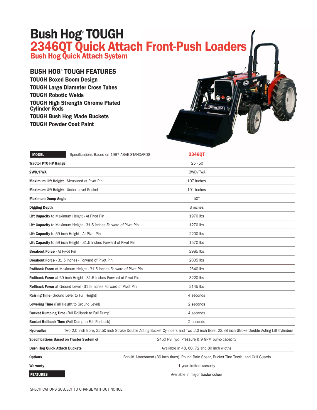 Bush Hog specifications 2346QT Quick Attach Front-Push Loaders, Bush Hog Quick Attach System, Bush Hog Tough Features 