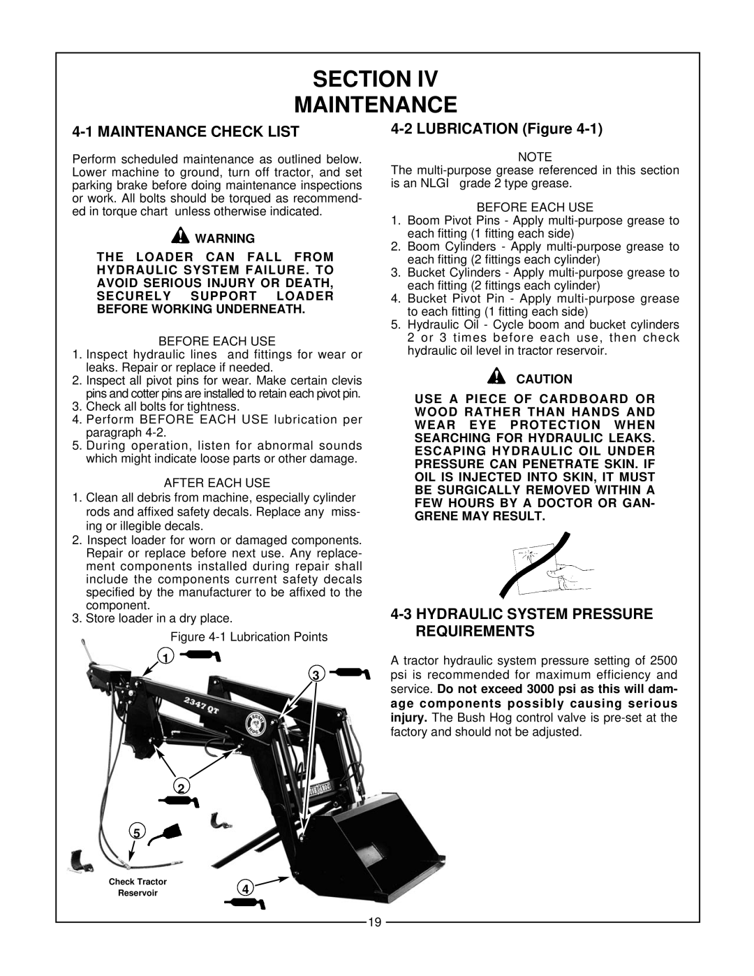 Bush Hog 2347 QT Section Maintenance, Maintenance Check List, Hydraulic System Pressure Requirements, Before Each USE 