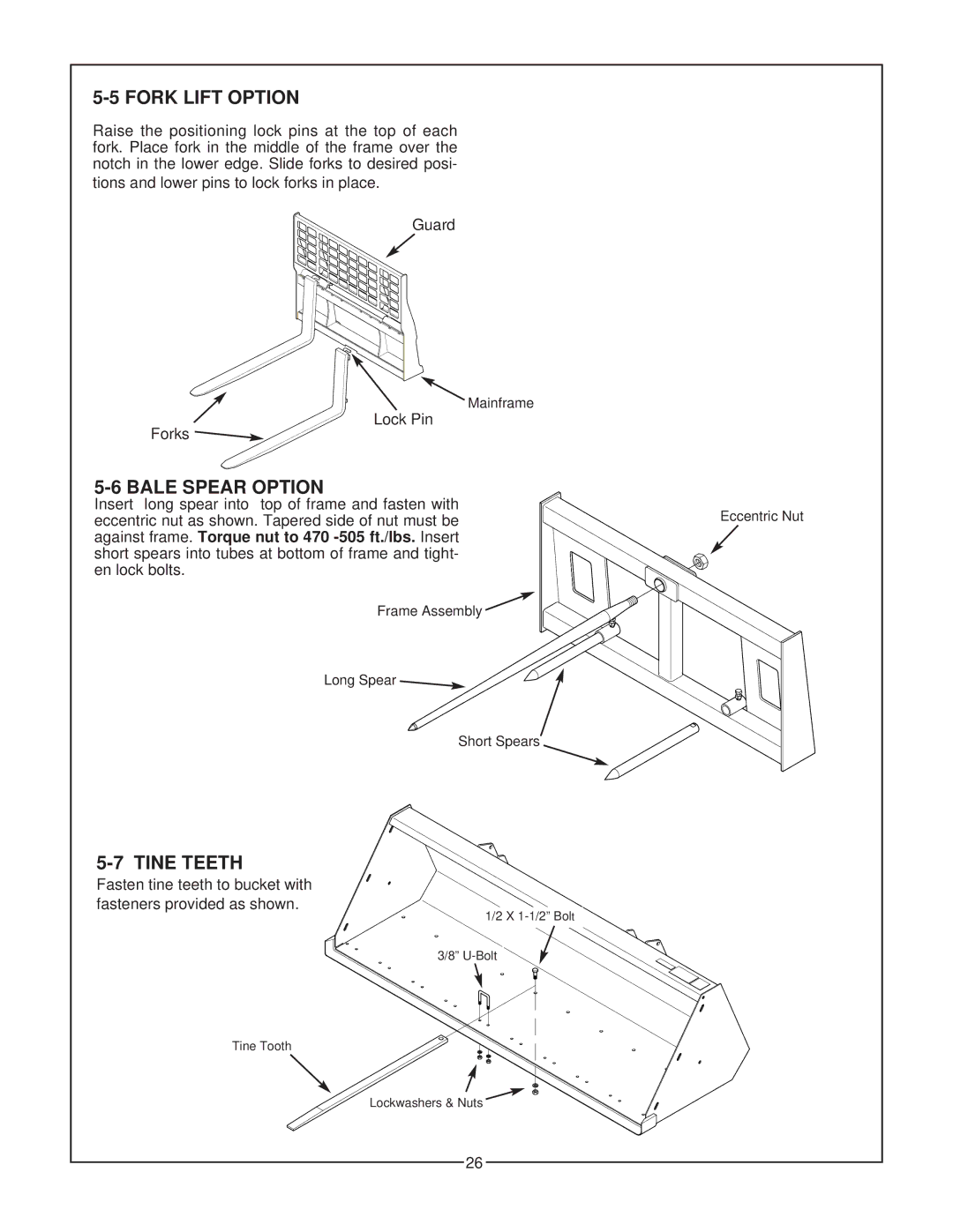 Bush Hog 2347 QT manual Fork Lift Option, Bale Spear Option, Tine Teeth 
