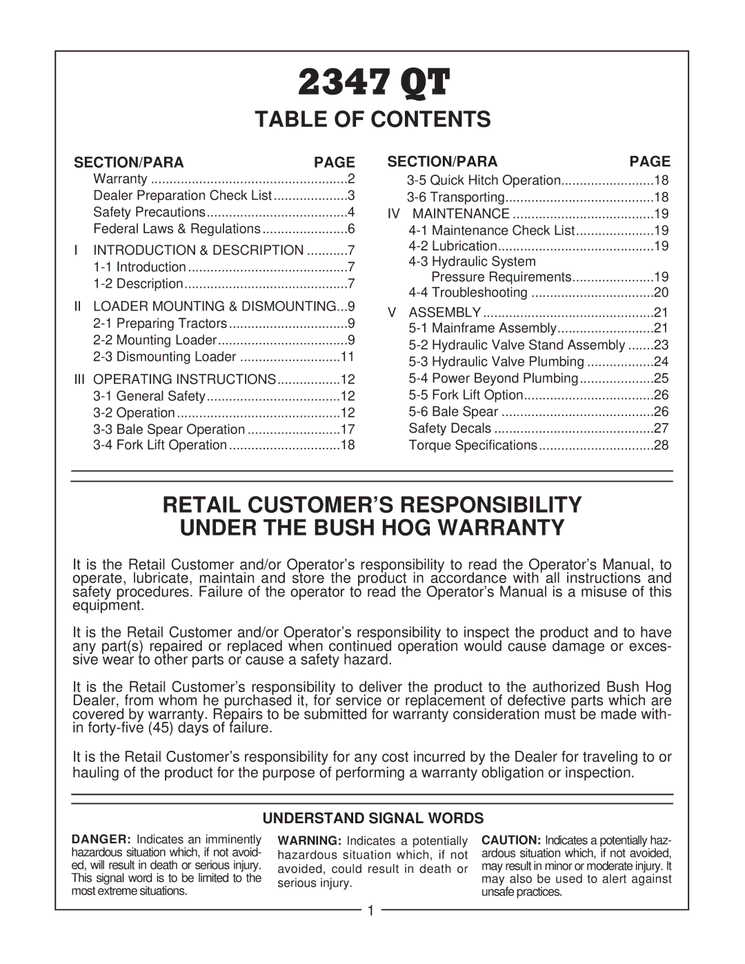 Bush Hog 2347 QT manual Table of Contents, Retail CUSTOMER’S Responsibility Under the Bush HOG Warranty 