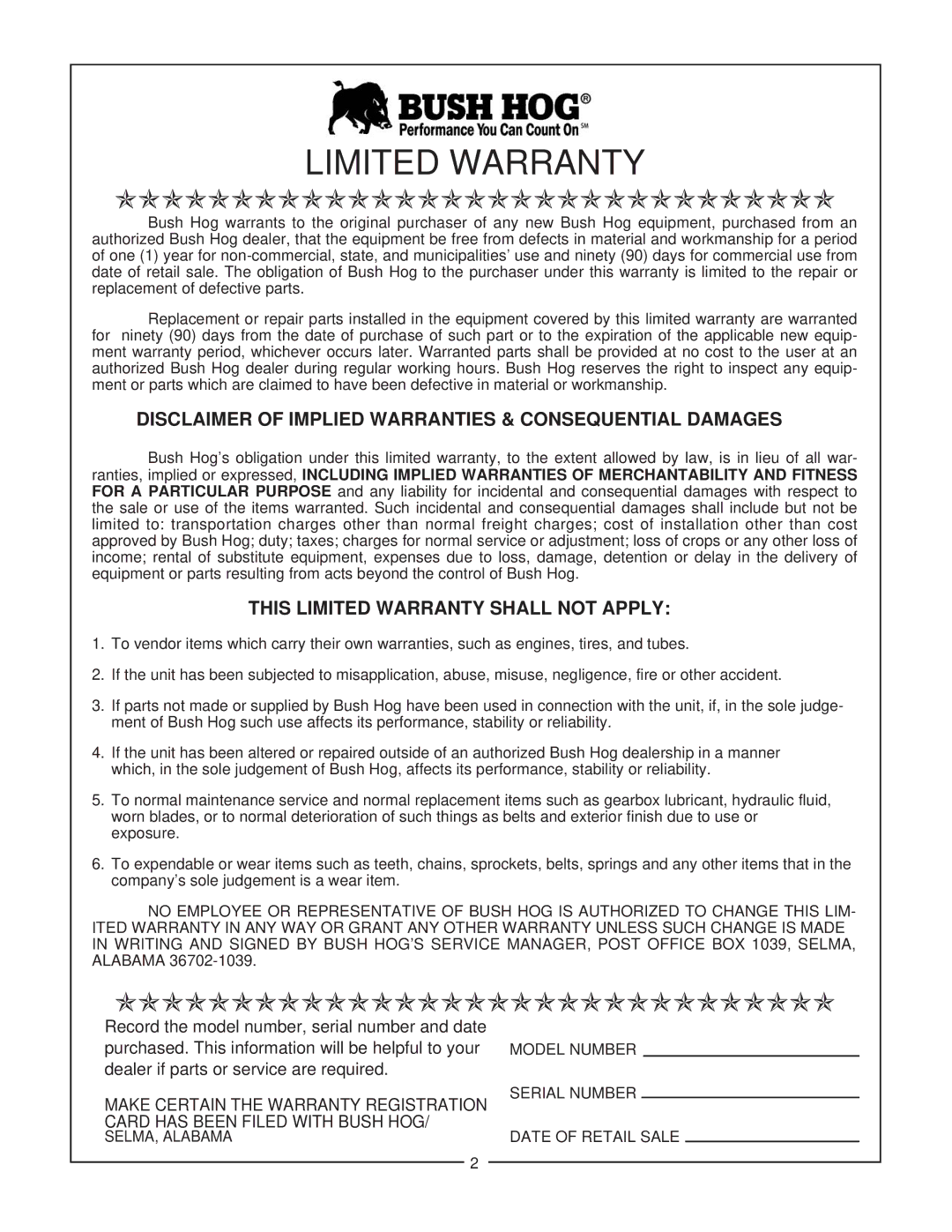 Bush Hog 2347 QT manual Disclaimer of Implied Warranties & Consequential Damages, This Limited Warranty Shall not Apply 