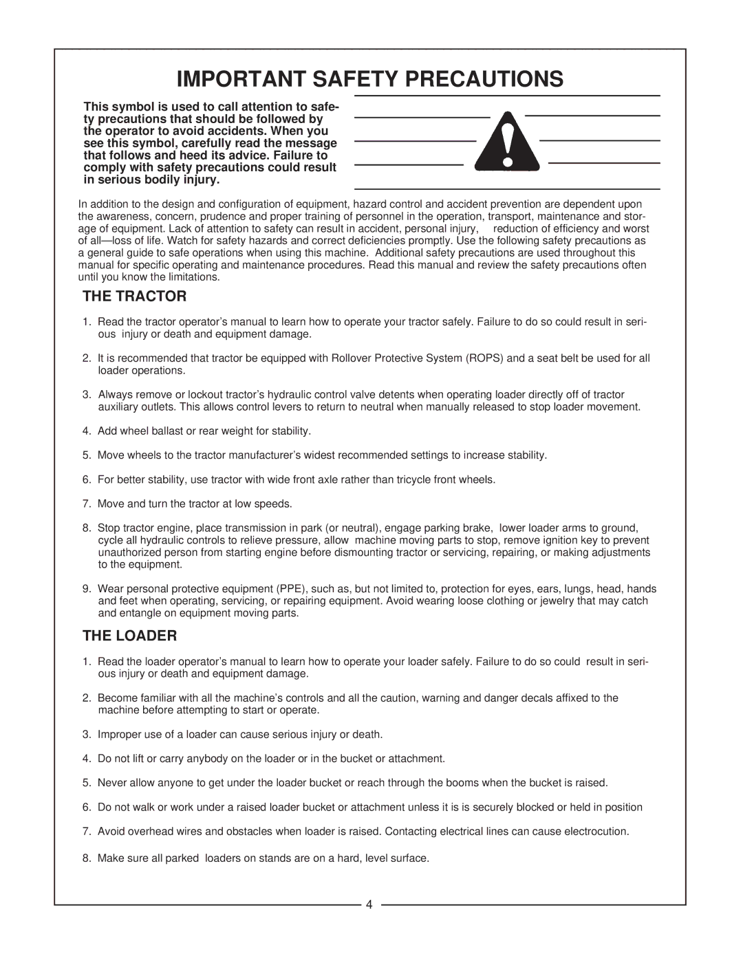 Bush Hog 2347 QT manual Important Safety Precautions, Tractor, Loader 