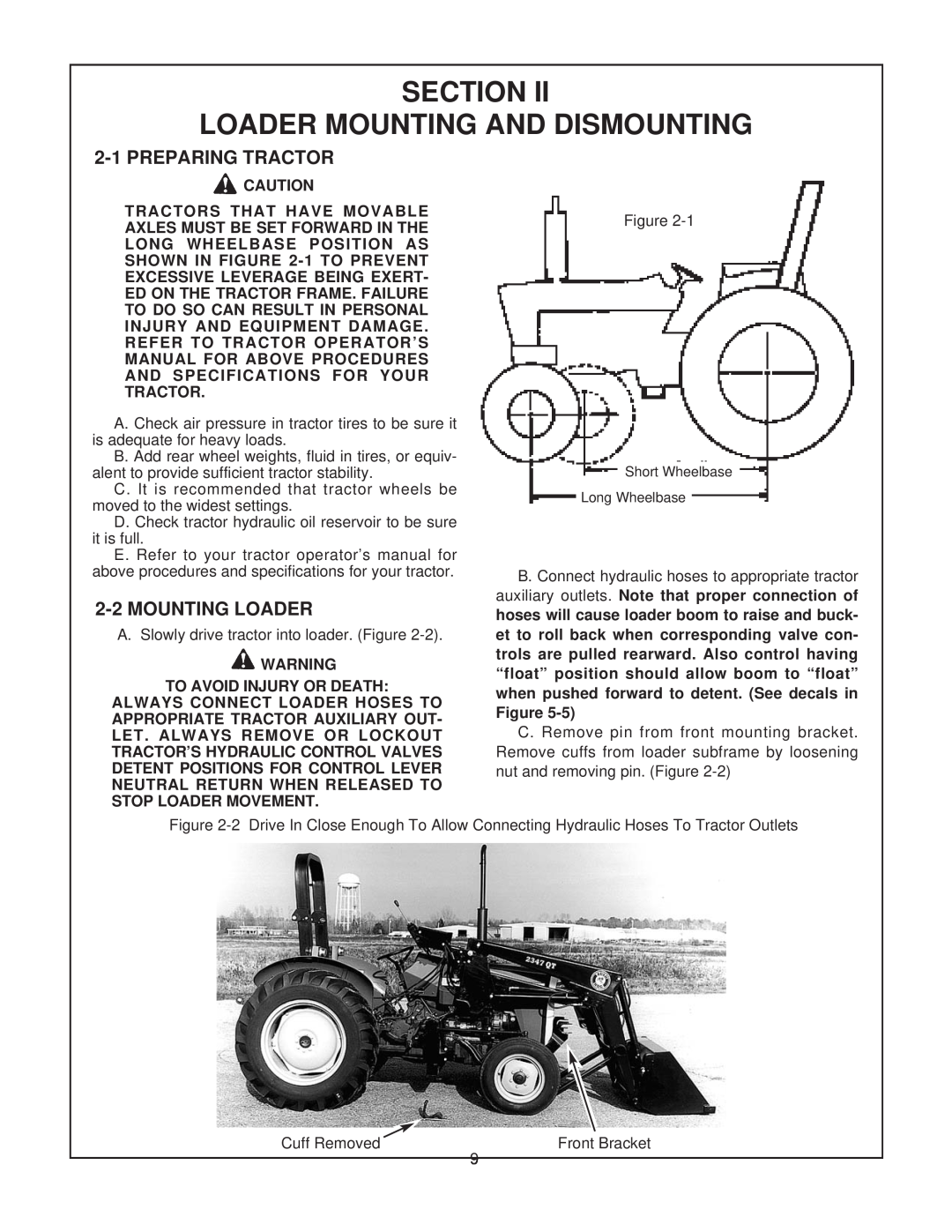 Bush Hog 2347 QT Section Loader Mounting And Dismounting, Preparing Tractor, Mounting Loader, To Avoid Injury Or Death 