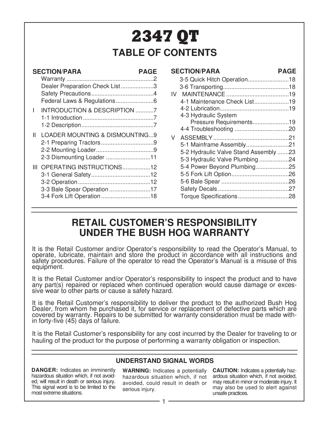Bush Hog 2347 QT manual Table Of Contents, Retail Customer’S Responsibility Under The Bush Hog Warranty, Section/Para, Page 