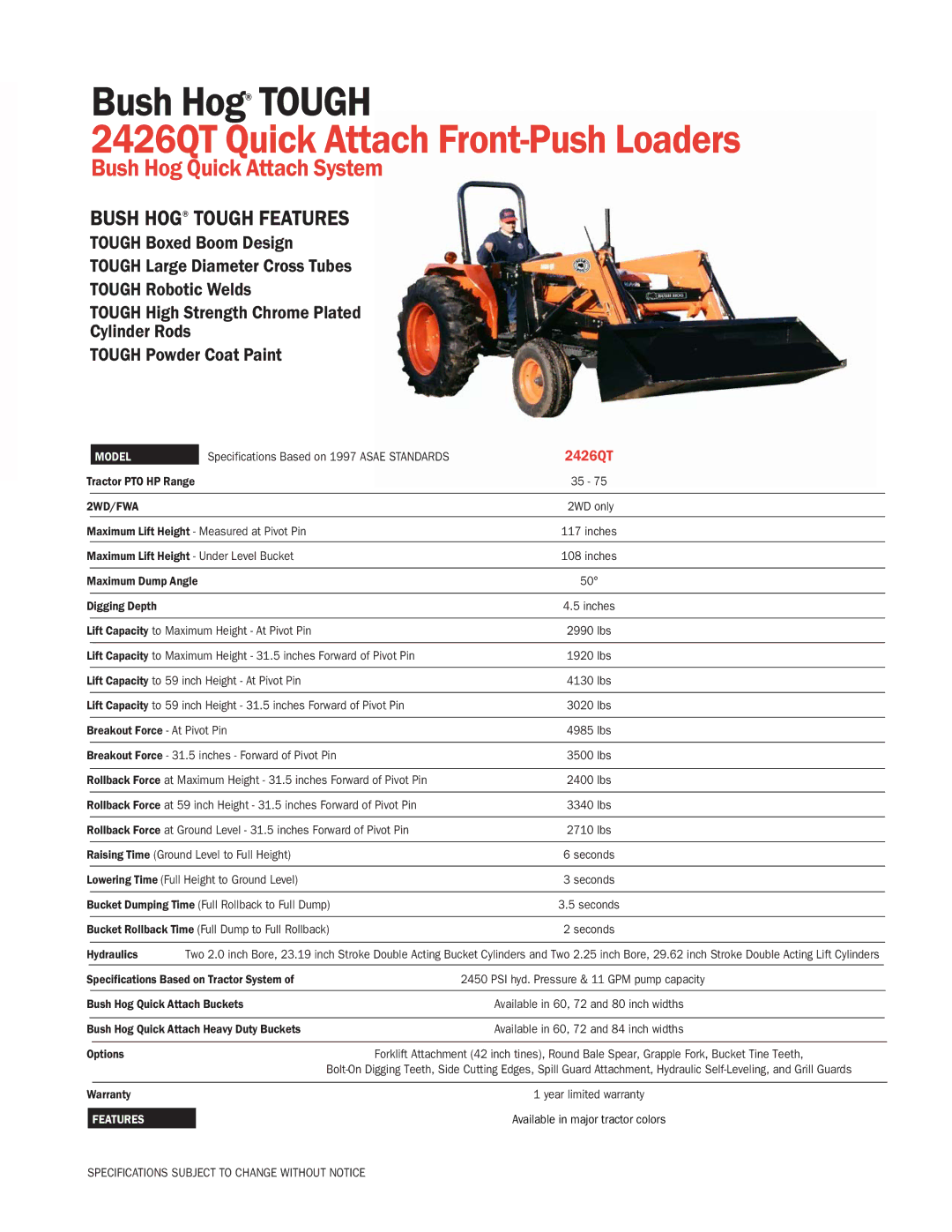 Bush Hog 2426QT specifications Tractor PTO HP Range, Maximum Lift Height Under Level Bucket, Breakout Force At Pivot Pin 