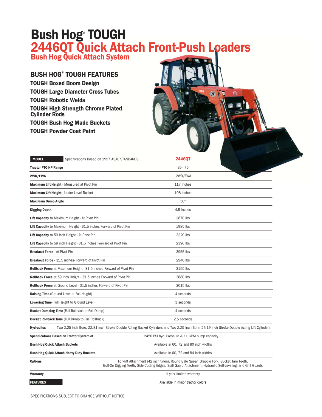 Bush Hog 2446QT specifications Tractor PTO HP Range, Maximum Lift Height Under Level Bucket, Breakout Force At Pivot Pin 