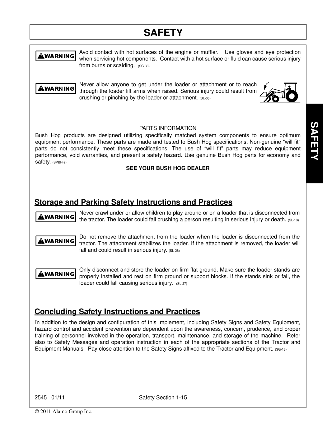 Bush Hog 2545 manual Storage and Parking Safety Instructions and Practices, Concluding Safety Instructions and Practices 