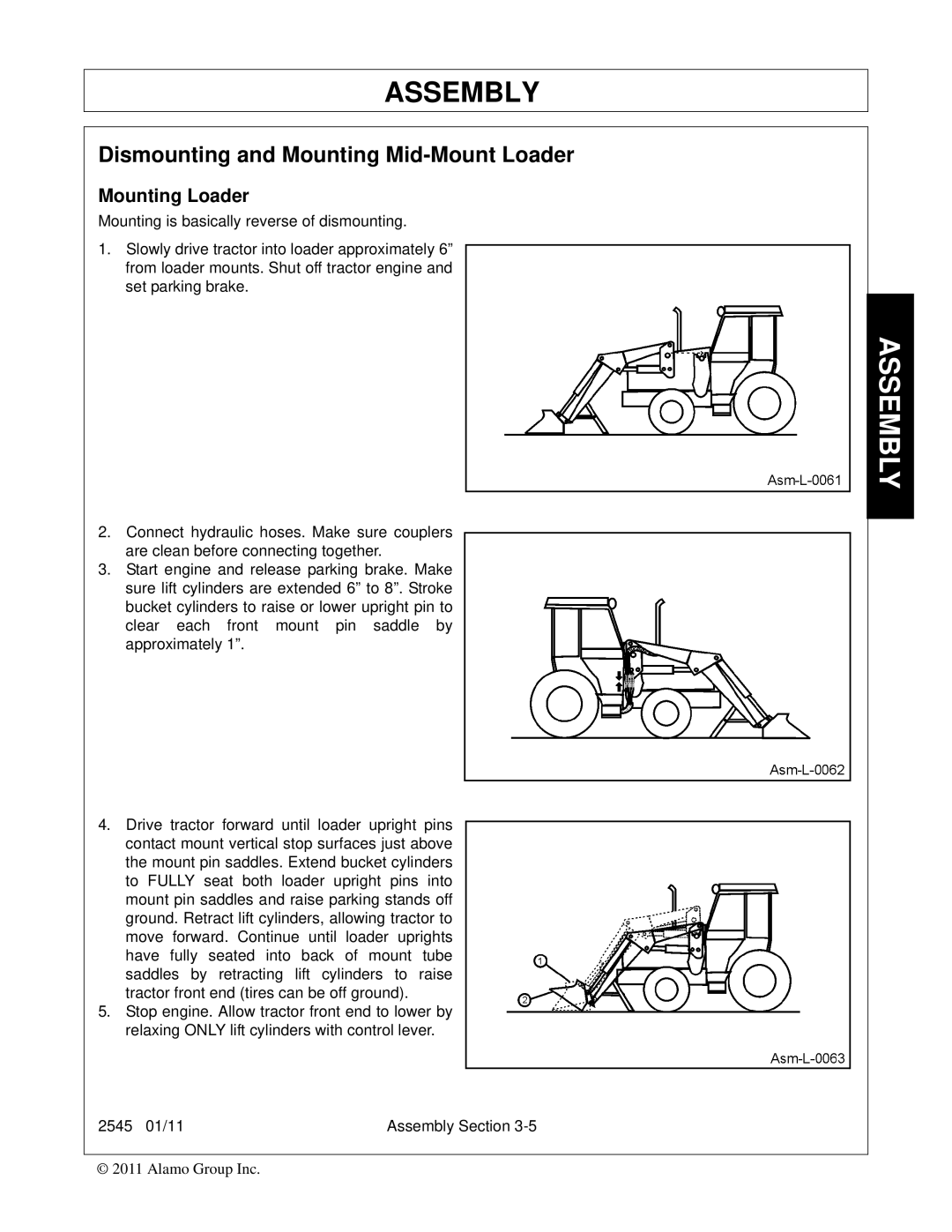 Bush Hog 2545 manual Dismounting and Mounting Mid-Mount Loader, Mounting Loader 