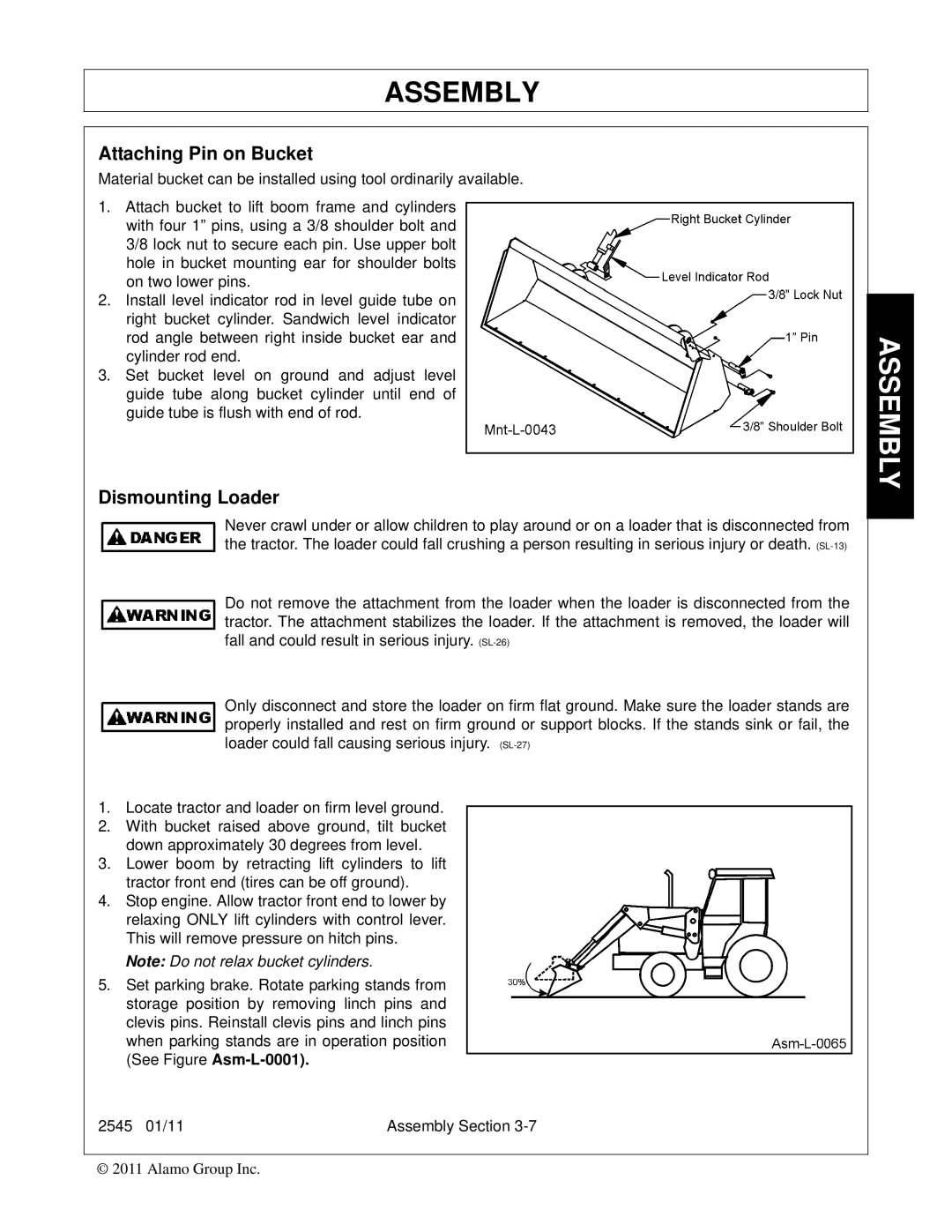 Bush Hog 2545 manual Attaching Pin on Bucket, Dismounting Loader 