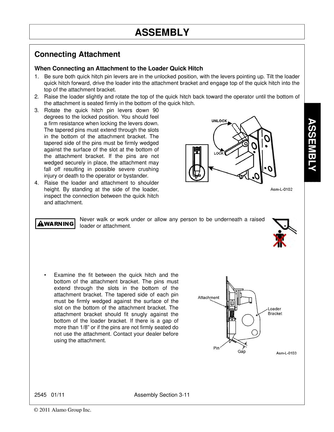 Bush Hog 2545 manual Connecting Attachment, When Connecting an Attachment to the Loader Quick Hitch 