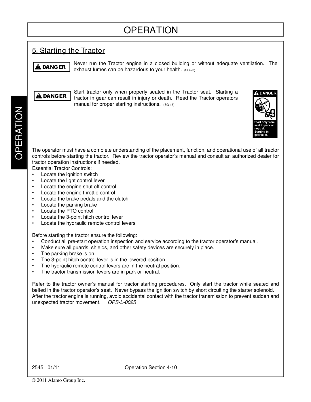 Bush Hog 2545 manual Starting the Tractor 