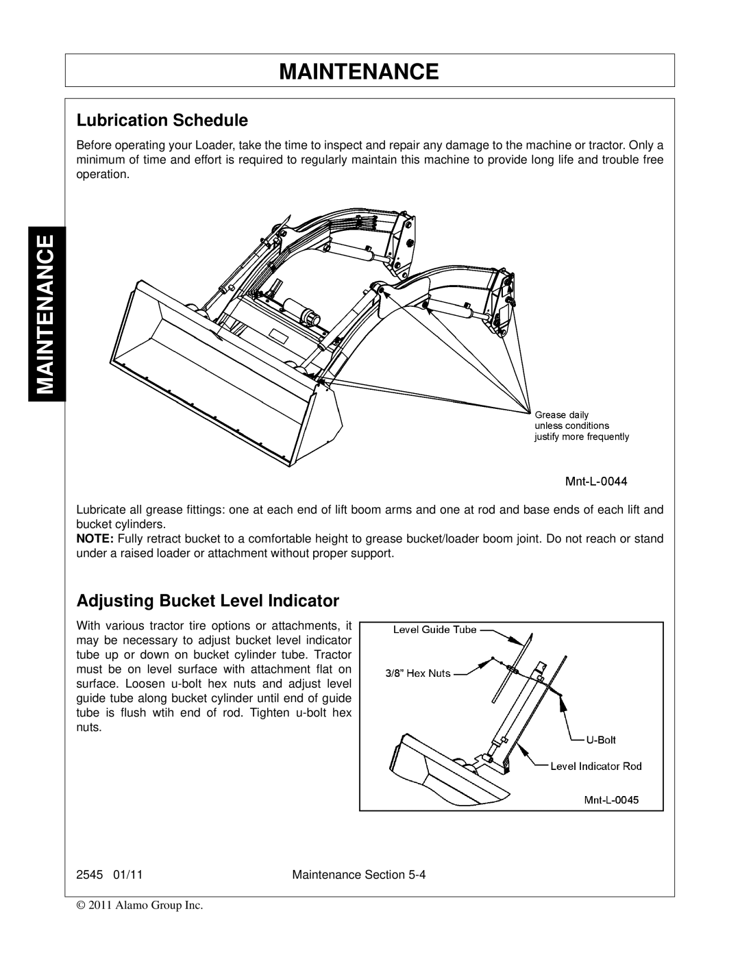 Bush Hog 2545 manual Lubrication Schedule, Adjusting Bucket Level Indicator 