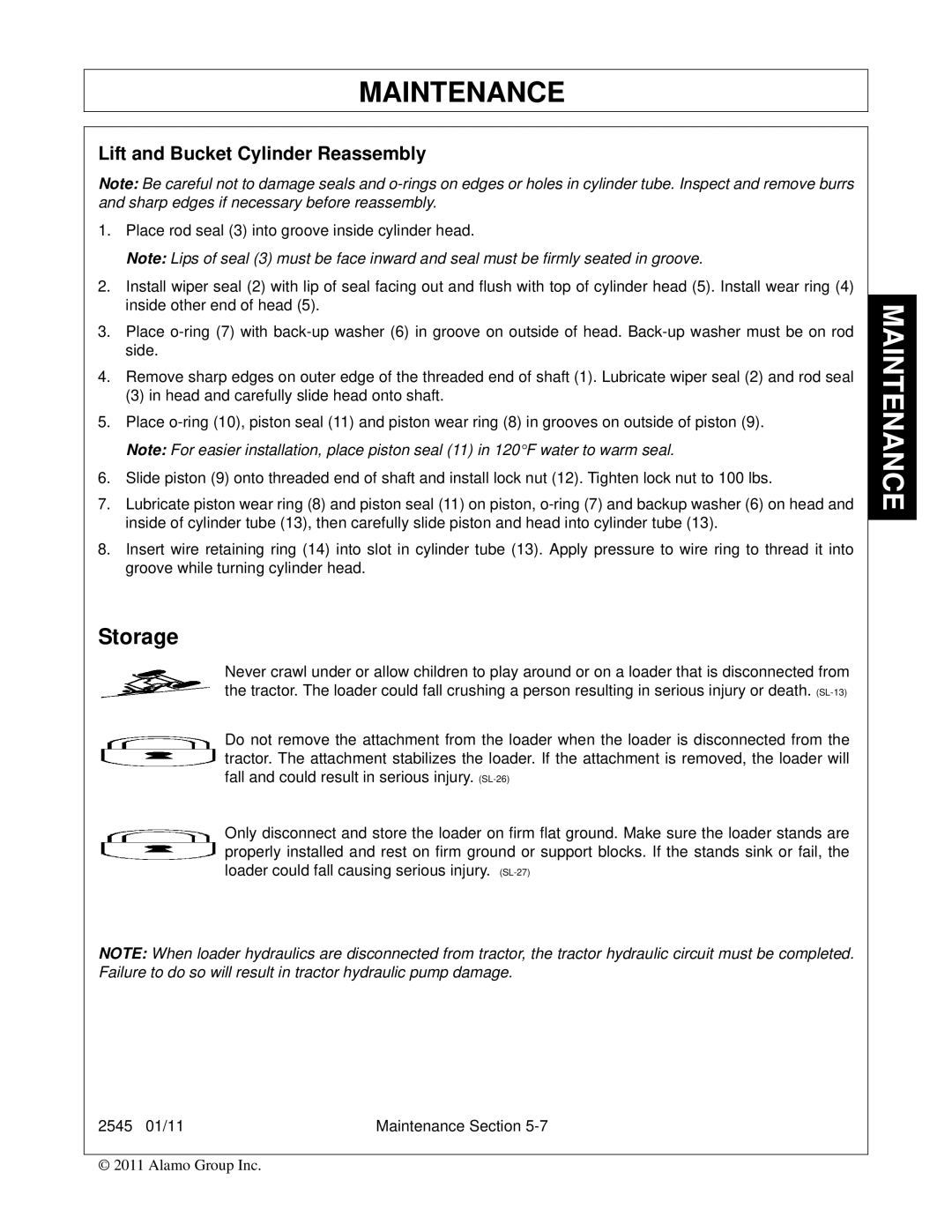 Bush Hog 2545 manual Storage, Lift and Bucket Cylinder Reassembly 