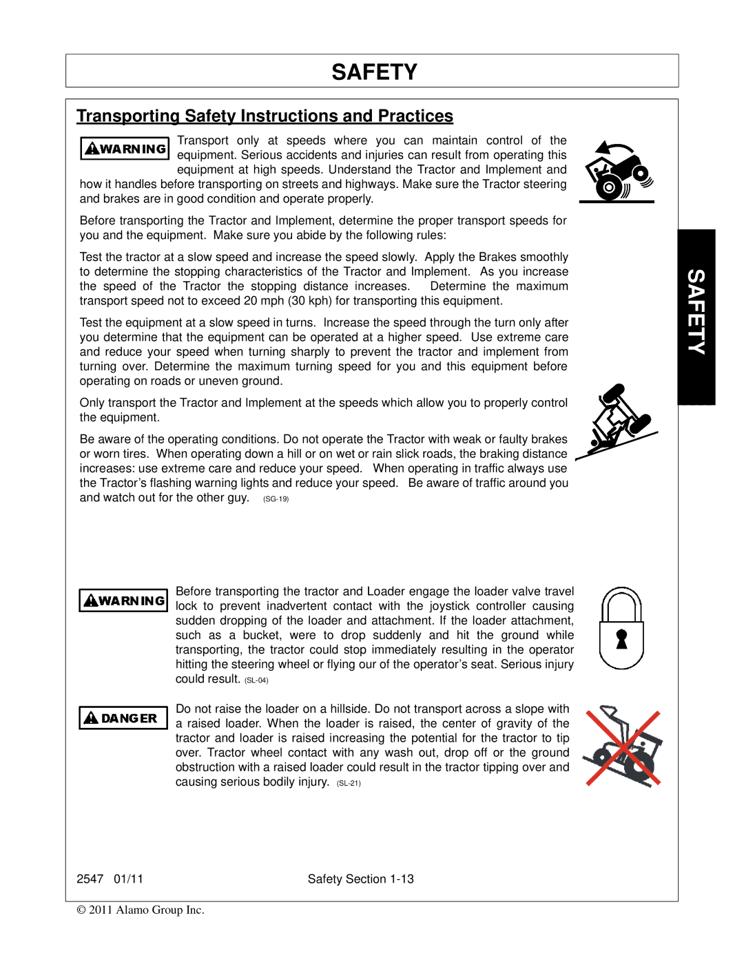 Bush Hog 2547 manual Transporting Safety Instructions and Practices 