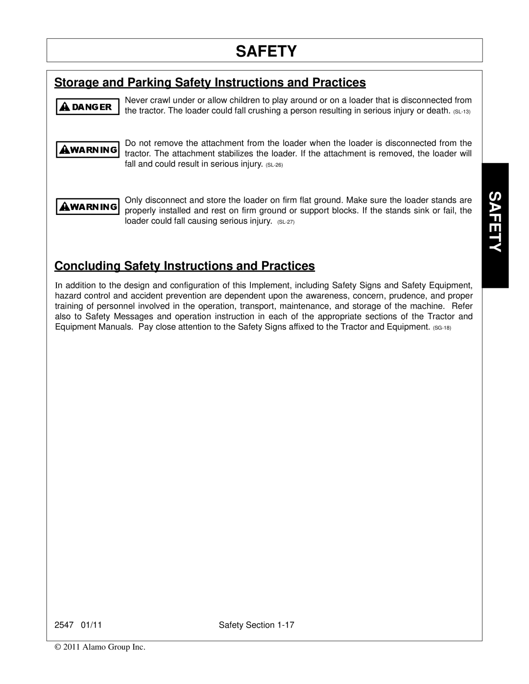 Bush Hog 2547 manual Storage and Parking Safety Instructions and Practices, Concluding Safety Instructions and Practices 